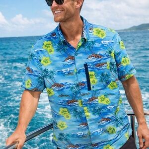 Speedo Men’s Large L Hawaiian Shirt Blue Palm Tree Hibiscus Print Short Sleeve